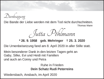 Traueranzeige von Jutta Pöhlmann von Ansbach