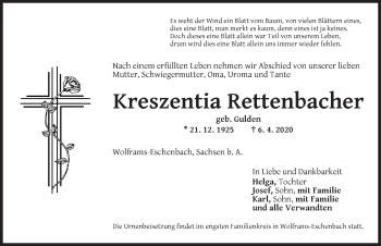 Traueranzeige von Kreszentia Rettenbacher von Ansbach