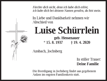 Traueranzeige von Luise Schürrlein von Ansbach