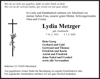 Traueranzeige von Lydia Metzger von Rothenburg