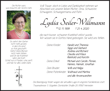 Traueranzeige von Lydia Seiler-Willmann von Ansbach