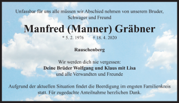 Traueranzeige von Manfred Gräbner von Neustadt/ Scheinfeld/ Uffenheim