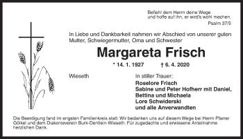 Traueranzeige von Margareta Frisch von Dinkelsbühl/ Feuchtwangen