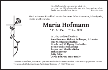 Traueranzeige von Maria Hofmann von Ansbach