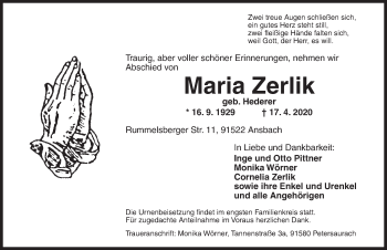 Traueranzeige von Maria Zerlik von Ansbach