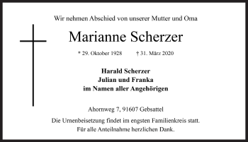 Traueranzeige von Marianne Scherzer von Rothenburg