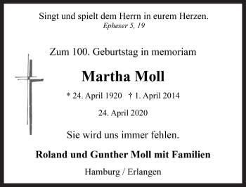 Traueranzeige von Martha Moll von Rothenburg