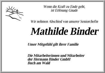 Traueranzeige von Mathilde Binder von Rothenburg