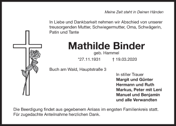 Traueranzeige von Mathilde Binder von Rothenburg