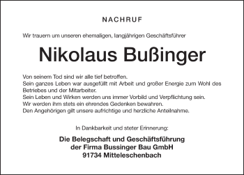 Traueranzeige von Nikolaus Bußinger von Gesamtausgabe