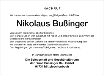 Traueranzeige von Nikolaus Bußinger von Rothenburg