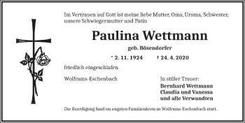 Traueranzeige von Paulina Wettmann von Ansbach