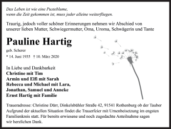 Traueranzeige von Pauline Hartig von Rothenburg