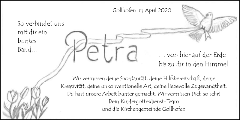  Traueranzeige für Petra Wagner vom 23.04.2020 aus Neustadt/ Scheinfeld/ Uffenheim