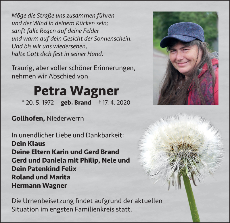  Traueranzeige für Petra Wagner vom 23.04.2020 aus Neustadt/ Scheinfeld/ Uffenheim