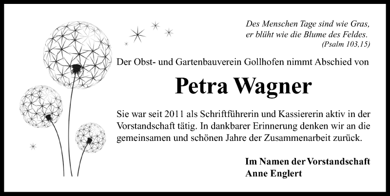  Traueranzeige für Petra Wagner vom 23.04.2020 aus Neustadt/ Scheinfeld/ Uffenheim