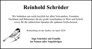 Traueranzeige von Reinhold Schröder von Rothenburg (Fränkischer Anzeiger)