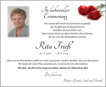 Traueranzeige von Rita Frieß von Dinkelsbühl/ Feuchtwangen