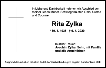 Traueranzeige von Rita Zylka von Ansbach