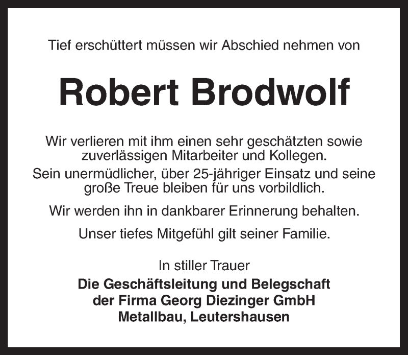  Traueranzeige für Robert Brodwolf vom 29.04.2020 aus Ansbach