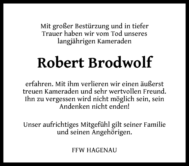  Traueranzeige für Robert Brodwolf vom 29.04.2020 aus Ansbach