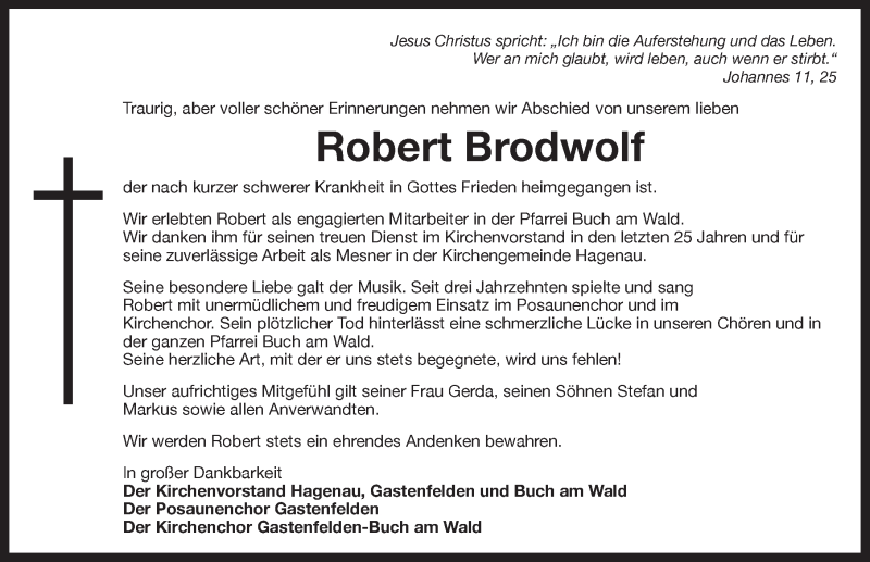  Traueranzeige für Robert Brodwolf vom 29.04.2020 aus Ansbach