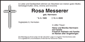Traueranzeige von Rosa Messerer von Ansbach