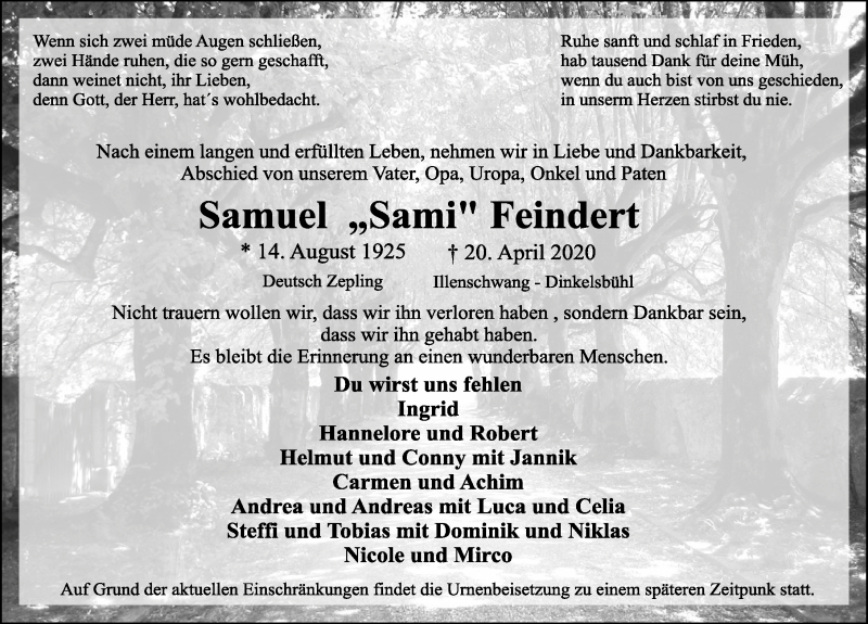  Traueranzeige für Samuel  Feindert vom 24.04.2020 aus Dinkelsbühl/ Feuchtwangen