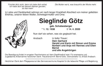 Traueranzeige von Sieglinde Götz von Ansbach