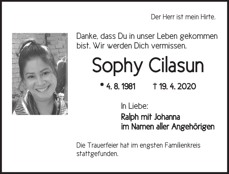  Traueranzeige für Sophy Cilasun vom 25.04.2020 aus Ansbach
