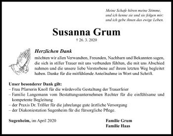 Traueranzeige von Susanna Grum von Neustadt/ Scheinfeld/ Uffenheim