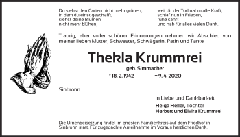 Traueranzeige von Thekla Krummrei von Dinkelsbühl/ Feuchtwangen