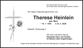 Traueranzeige von Therese Heinlein von Ansbach