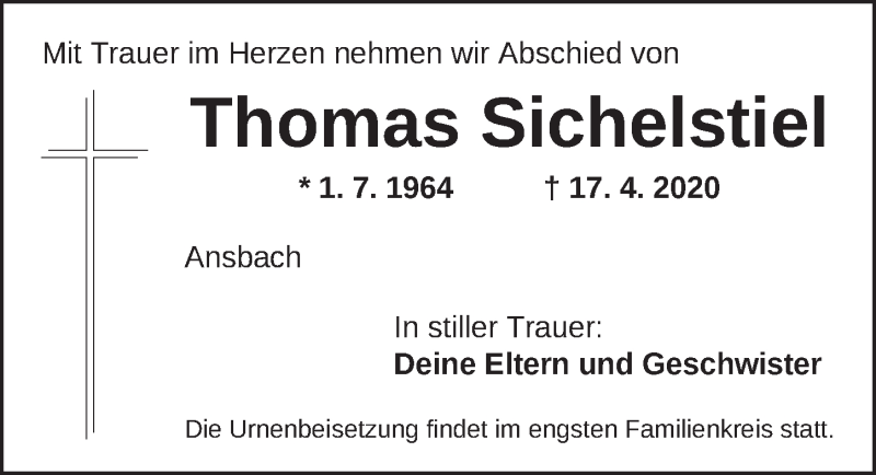  Traueranzeige für Thomas Sichelstiel vom 20.04.2020 aus Ansbach