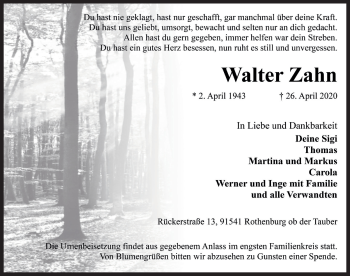 Traueranzeige von Walter Zahn von Rothenburg