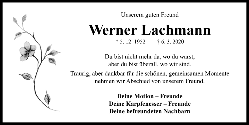  Traueranzeige für Werner Lachmann vom 04.04.2020 aus Neustadt/ Scheinfeld/ Uffenheim