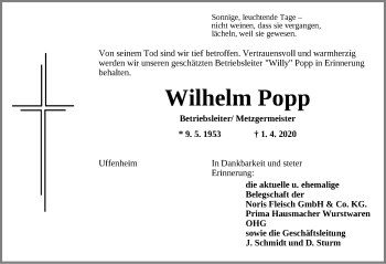 Traueranzeige von Wilhelm Popp von Neustadt/ Scheinfeld/ Uffenheim