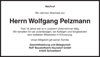 Traueranzeige von Wolfgang Pelzmann von Dinkelsbühl/ Feuchtwangen