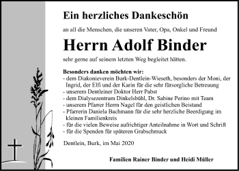 Traueranzeige von Adolf Binder von Dinkelsbühl/ Feuchtwangen