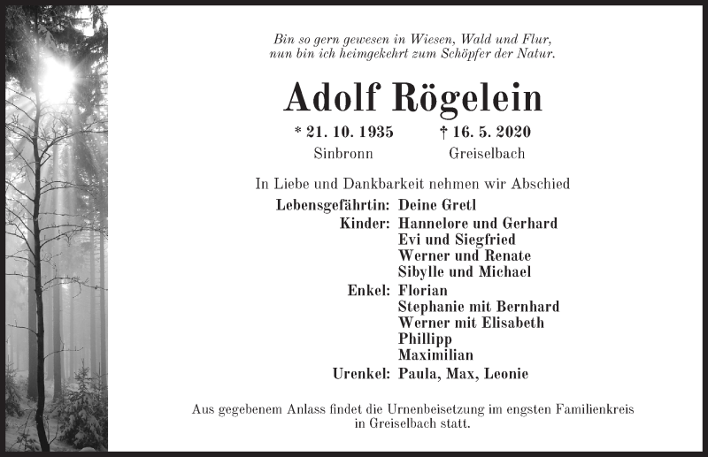  Traueranzeige für Adolf Rögelein vom 23.05.2020 aus Dinkelsbühl/ Feuchtwangen