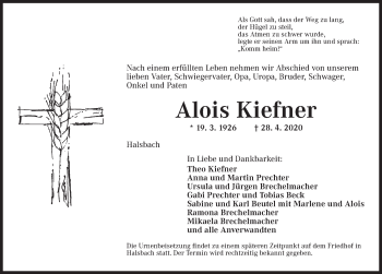 Traueranzeige von Alois Kiefner von Dinkelsbühl/ Feuchtwangen