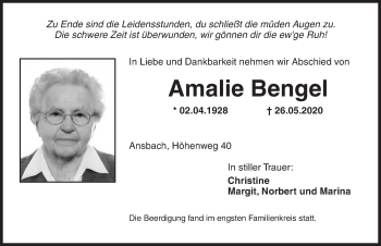 Traueranzeige von Amalie Bengel von Ansbach