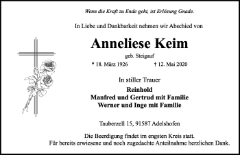 Traueranzeige von Anneliese Keim von Rothenburg