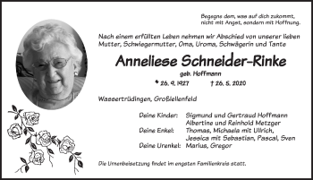 Traueranzeige von Anneliese Schneider-Rinke von Dinkelsbühl/ Feuchtwangen