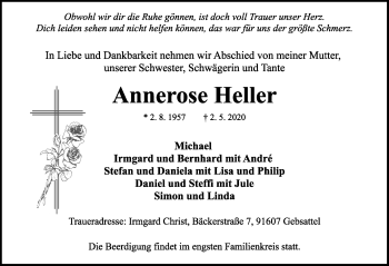 Traueranzeige von Annerose Heller von Rothenburg
