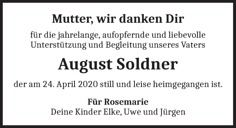  Traueranzeige für August  Soldner vom 09.05.2020 aus Dinkelsbühl/ Feuchtwangen