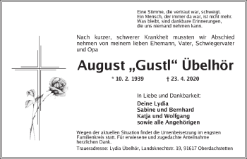 Traueranzeige von August Übelhör von Ansbach