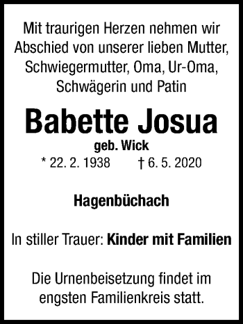 Traueranzeige von Babette Josua von Neustadt/ Scheinfeld/ Uffenheim
