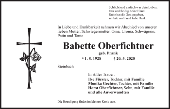 Traueranzeige von Babette Oberfichtner von Dinkelsbühl/ Feuchtwangen