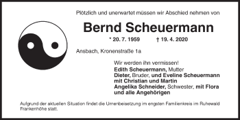 Traueranzeige von Bernd Scheuermann von Ansbach